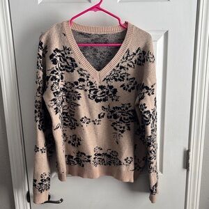 SHEIN Black Floral V-Neck Sweater - Tan